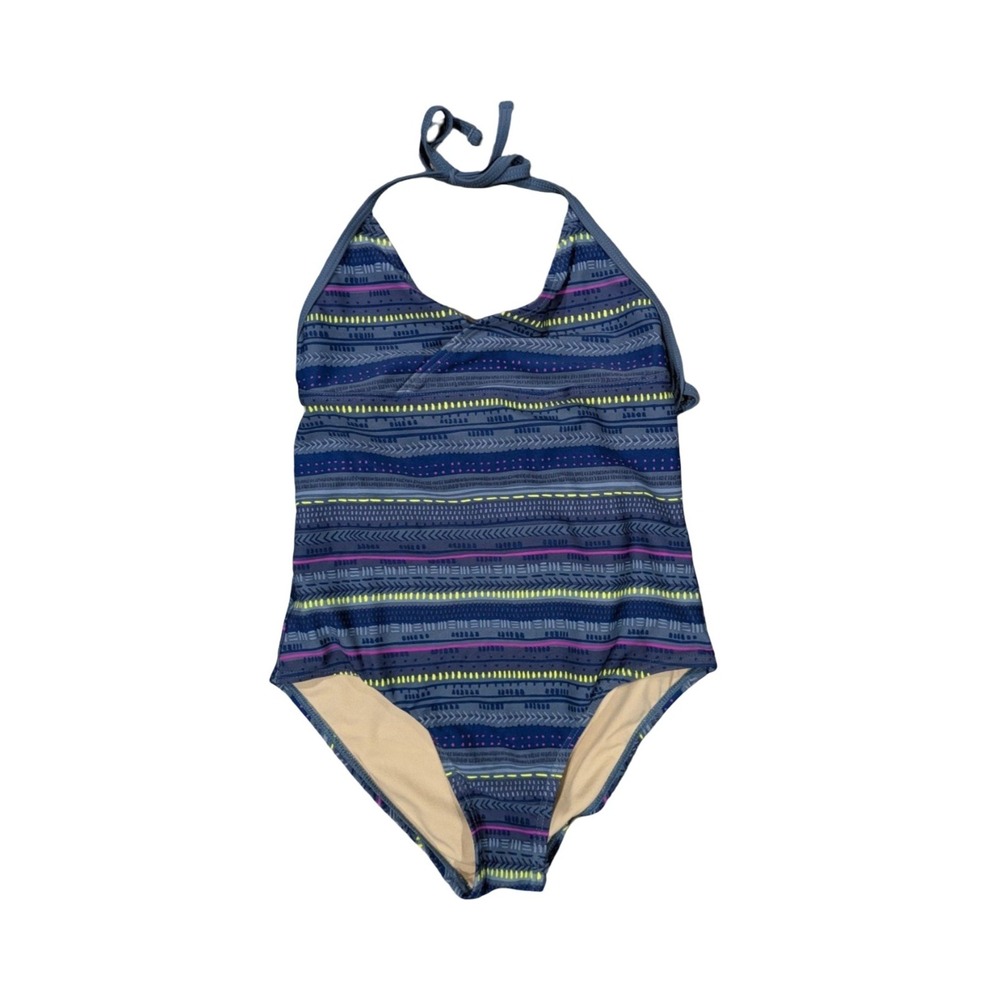 Tea Collection Girls One-Piece Swimsuit Size 10 Blue Stripe Halter UPF 40+